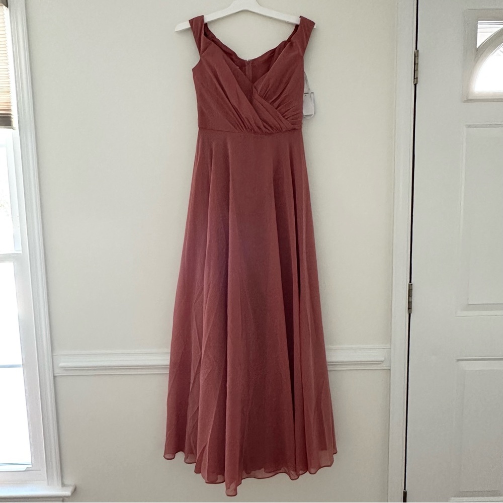 Wedding Guest David’s Bridal Long Off the Shoulder Dress size 6 Color Sedona NWT